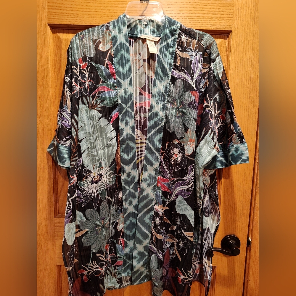 Soft Surroundings Laurus Topper, Floral Kimono-style Cover Up, Navy/Aqua
